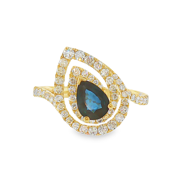 14K Yellow Gold .78ct Pear Shaped Blue Sapphire and .59cttw Diamond Halo Fashion Ring. Jeff Dennis Jewelers Gardendale, AL