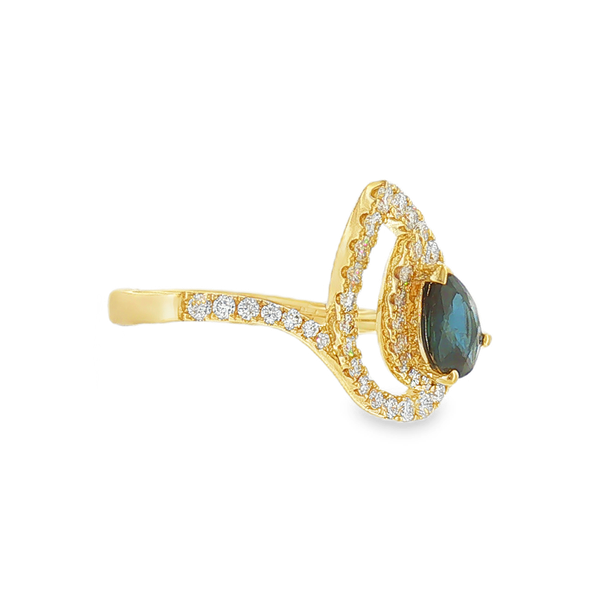 14K Yellow Gold .78ct Pear Shaped Blue Sapphire and .59cttw Diamond Halo Fashion Ring. Image 2 Jeff Dennis Jewelers Gardendale, AL