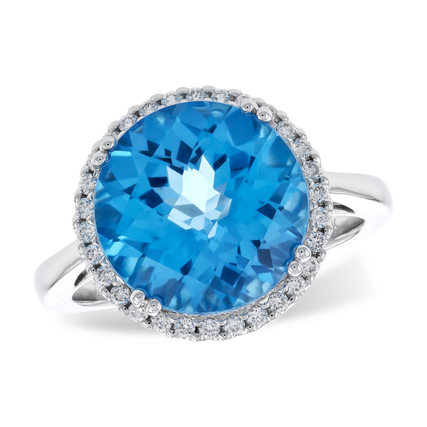 Ladies White 14 Karat Fashion Ring With  7.20ct Round Blue Topaz And  0.22ct tw Round Diamonds.  The total carat weight of this ring is 7.42. Jeff Dennis Jewelers Gardendale, AL