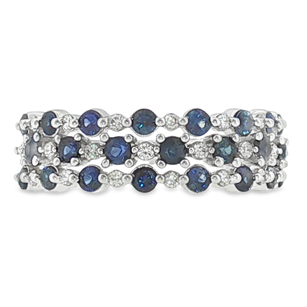10K White Gold Three Row Fashion Ring with .75cttw Round Blue Sapphires and .20cttw Round Diamonds that are H in Color and Si2 in Clarity. Jeff Dennis Jewelers Gardendale, AL