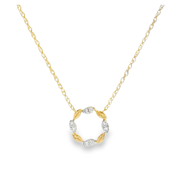 10K Yellow Gold Leaf Pattern .08cttw Diamond Accent Circle Necklace that is H in Color and SI2 in Clarity. Jeff Dennis Jewelers Gardendale, AL