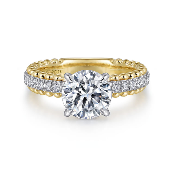 Yellow & White 14 Karat Semi-Mount Engagement Ring With  0.27ct tw Round G/H in color and Si2 in clarity Accent Diamonds, shown with CZ center stone for visual purposes only Jeff Dennis Jewelers Gardendale, AL