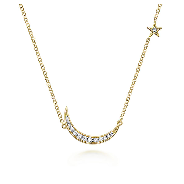 Ladies Yellow 14 Karat Crescent Moon Necklace With  0.12ct tw Round Diamonds Jeff Dennis Jewelers Gardendale, AL