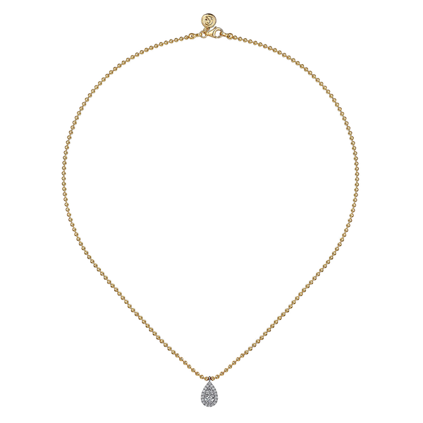 14kt Yellow and White Gold Bujukan Pear Diamond Necklace .25ct tw. Diamonds are SI1 in clarity and G in color. Serial Number Serial No. S2191733 Image 2 Jeff Dennis Jewelers Gardendale, AL