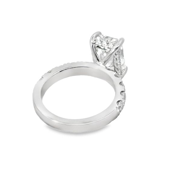 14kt white gold 3.01ct  Lab Grown Radiant Cut Diamond Center set in 1.10ct tw Lab Grown Diamond Mounting. Center Lab Grown Radiant is a E in color and VS1 in clarity. Lab Grown Diamonds in mounting are a E in color and a VS1 in clarity. Image 3 Jeff Dennis Jewelers Gardendale, AL