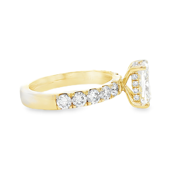 Ladies Yellow 14 Karat Lab Grown Engagement Ring With 2.01ct Elongated Cushion Cut Diamond VS2 in clarity and E in color And 1.11ct tw Round Accent Diamonds. The total weight for this ring is 3.12cts. Image 2 Jeff Dennis Jewelers Gardendale, AL