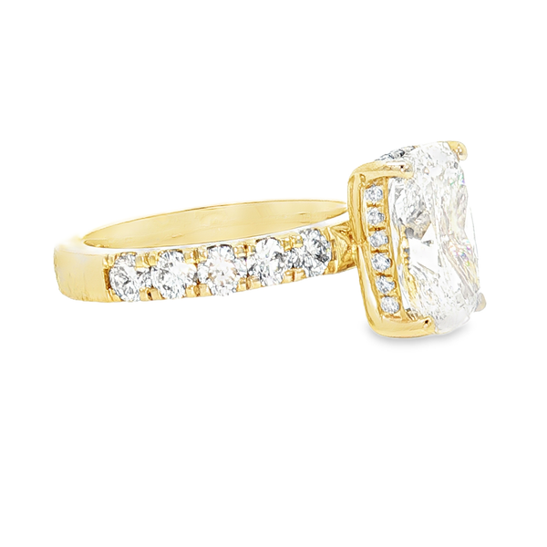 Ladies Yellow 14 Karat Lab Grown Engagement Ring With .4.08ct Elongated Cushion Cut Diamond VS2 in clarity and E in color And 1.11ct tw Round Accent Diamonds. The total weight for this ring is 5.19cts. Image 2 Jeff Dennis Jewelers Gardendale, AL