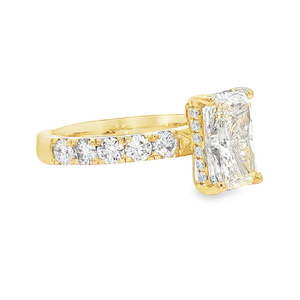 Ladies Yellow 14 Karat Lab Grown Engagement Ring With .3.02ct Radiant Cut Diamond VS2 in clarity and F in color And 1.11ct tw Round Accent Diamonds. The total weight for this ring is 4.13cts. Image 2 Jeff Dennis Jewelers Gardendale, AL