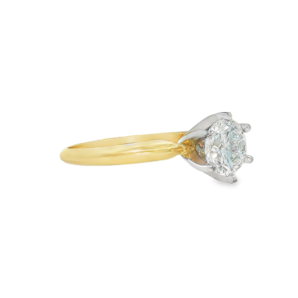 14K Yellow Gold 1.07 Round Lab Grown Diamond Ring with 6 White Gold Prongs that is SI1 in Clarity and G in Color. Image 2 Jeff Dennis Jewelers Gardendale, AL