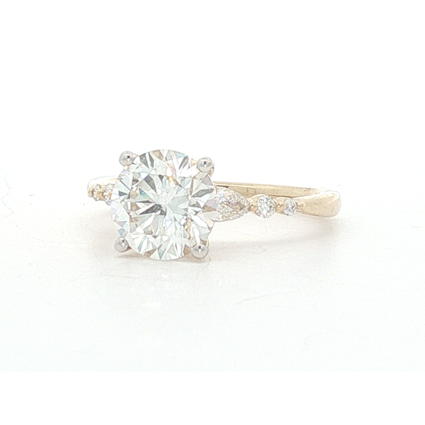 Ladies Yellow 14 Karat Lab Grown Engagement Ring With  2.00ct Round Center Diamond, G in color and Vs1 in clarity And 0.23ct tw Pear and Round Side Diamonds Image 2 Jeff Dennis Jewelers Gardendale, AL