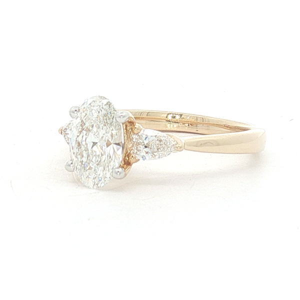 Ladies Yellow 14 Karat Lab Grown Engagement Ring With 1.50ct Oval Center Diamond, F in color and Vs2 Diamond And  0.38ct tw Pear Side Diamonds Image 2 Jeff Dennis Jewelers Gardendale, AL