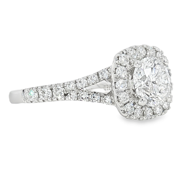 14K White Gold Lab Grown Round 1ct Diamond Engagement Ring With .50ct tw Cushion Halo and Accent Diamonds. The ring is 1.5ct tw and Diamonds are SI2 in Clarity and G in Color. Image 2 Jeff Dennis Jewelers Gardendale, AL