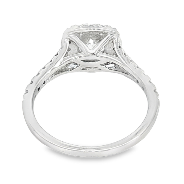 14K White Gold Lab Grown Round 1ct Diamond Engagement Ring With .50ct tw Cushion Halo and Accent Diamonds. The ring is 1.5ct tw and Diamonds are SI2 in Clarity and G in Color. Image 3 Jeff Dennis Jewelers Gardendale, AL