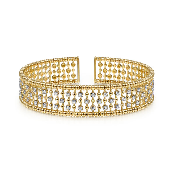 14K Yellow Gold Wide .74ct tw SI1 in clarity and G in color Diamond Cage Cuff Bujukan Collection Bracelet. Serial No: S2261597 Jeff Dennis Jewelers Gardendale, AL