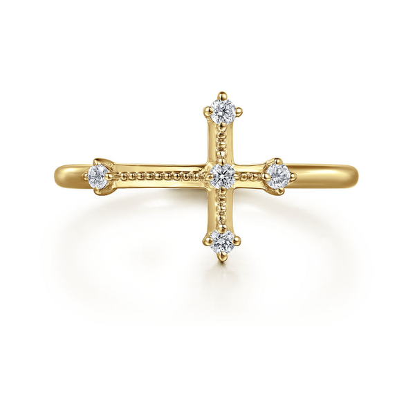 14K Yellow Gold Diamond Cross Ladies Ring with .08ct tw of Diamonds that are G-H in Color and SI in Clarity. Serial No: S2272405 Jeff Dennis Jewelers Gardendale, AL