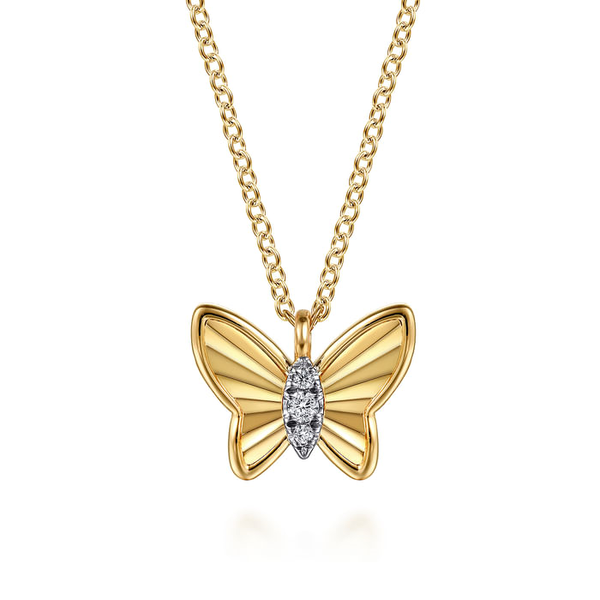 Ladies Yellow 14 Karat Butterfly Pendant With  0.03ct tw Round Diamonds Length 17.5. Serial No. S2262634 Jeff Dennis Jewelers Gardendale, AL