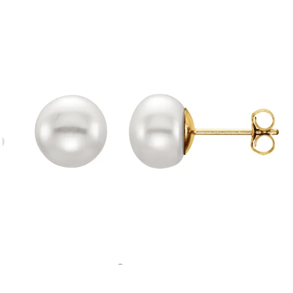 14K Yellow Gold 7-8 mm Cultured White Freshwater Button Pearl Earrings Jeff Dennis Jewelers Gardendale, AL