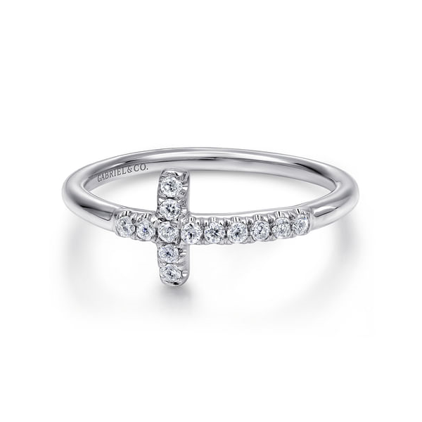 Ladies White 14 Karat Sideways Cross Ring With  0.13ct tw Round Diamonds Jeff Dennis Jewelers Gardendale, AL