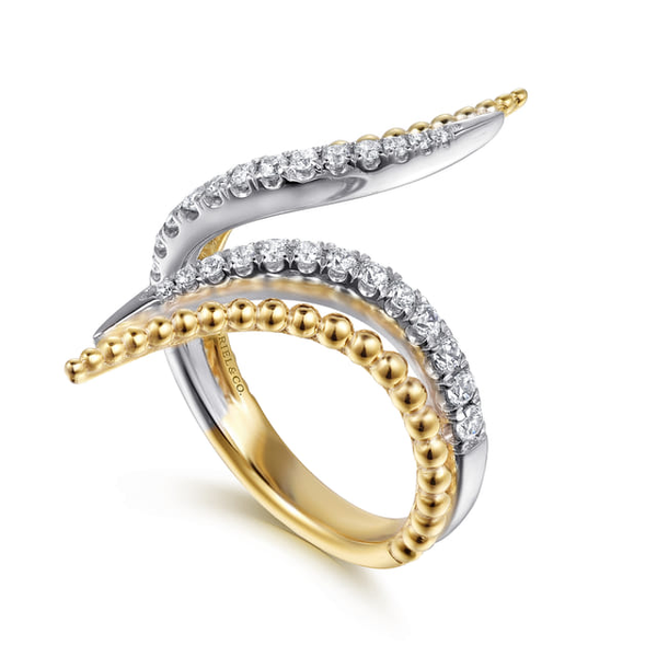 Ladies Yellow & White 14 Karat Bujukan and Diamond Bypass Fashion Ring With 0.34ct tw Round G/H in color and Si2 in clarity Diamonds Image 2 Jeff Dennis Jewelers Gardendale, AL