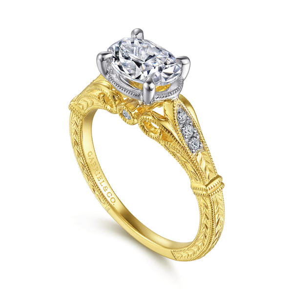 14 Karat Yellow & White Semi-mount Engagemet Ring With  0.08ct tw Round G/H in color and Si2 in clarity Diamonds. Shown with CZ center stone for visualization purposes only. Image 2 Jeff Dennis Jewelers Gardendale, AL