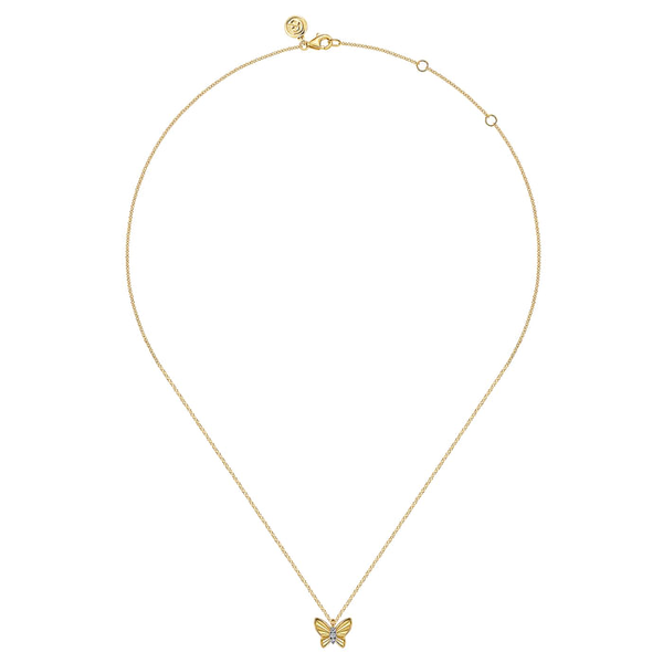 Ladies Yellow 14 Karat Butterfly Pendant With  0.03ct tw Round Diamonds Length 17.5. Serial No. S2262634 Image 2 Jeff Dennis Jewelers Gardendale, AL