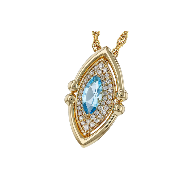 Ladies Yellow 14 Karat Pendant With  0.54ct tw Marquise Blue Topaz And  0.16ct tw Round Diamonds.  The total carat weight of this pendant is .70. Image 2 Jeff Dennis Jewelers Gardendale, AL