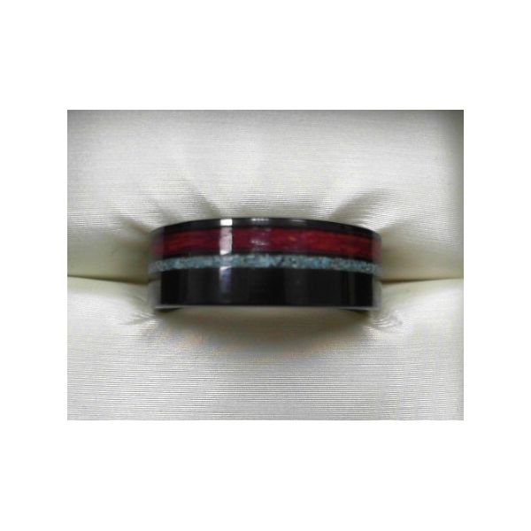 Gent's Black Ceramic Alternative Metal Wedding Band with Turquoise and Barrel Aged Cabernet Inlay. 
MM: 8 Image 2 Jeff Dennis Jewelers Gardendale, AL