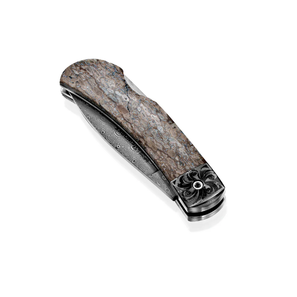 Damascus 3" Lock Back Dinosaur Bone Double Sided Image 2 Jeff Dennis Jewelers Gardendale, AL