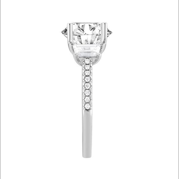 Cushion Cut Three Stone Diamond Ring with Trapezoid Side Stones Image 2 Jeffrey Mann Fine Jewelers, Inc Toledo, OH