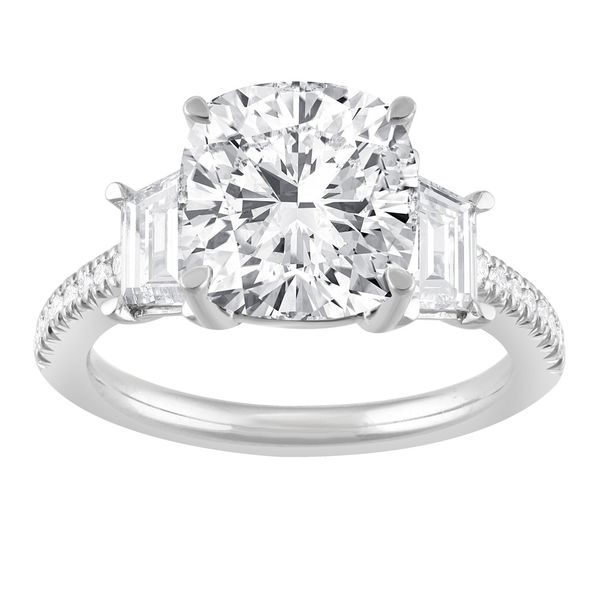 Cushion Cut Three Stone Diamond Ring with Trapezoid Side Stones Jeffrey Mann Fine Jewelers, Inc Toledo, OH