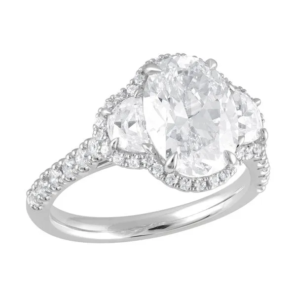 Three Stone Oval Cut Halo Mounted Diamond Ring with Half Moon Side Stones Jeffrey Mann Fine Jewelers, Inc Toledo, OH