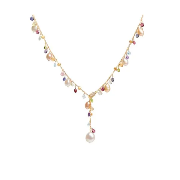 Paradise Collection Yellow Gold Multi-Color Gemstone Pink and White Baroque Pearl Necklace Jeffrey Mann Fine Jewelers, Inc Toledo, OH