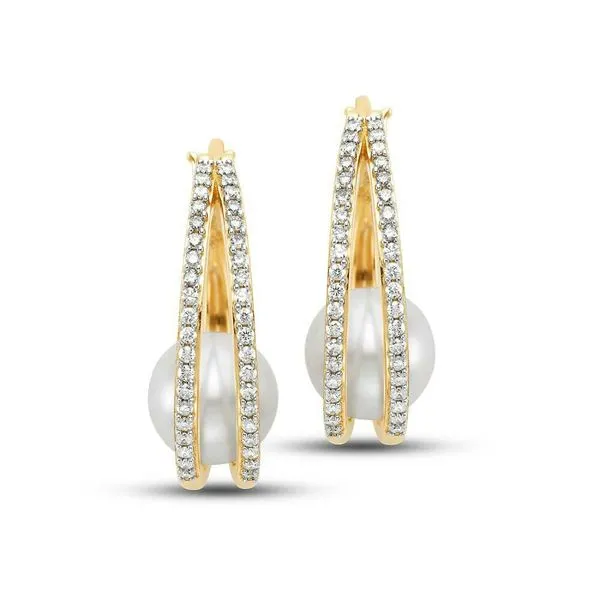 7.5-8MM Pearl and Diamond Double Hoop Earrings Image 2 Jeffrey Mann Fine Jewelers, Inc Toledo, OH