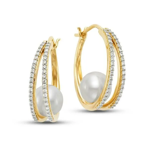 7.5-8MM Pearl and Diamond Double Hoop Earrings Image 3 Jeffrey Mann Fine Jewelers, Inc Toledo, OH