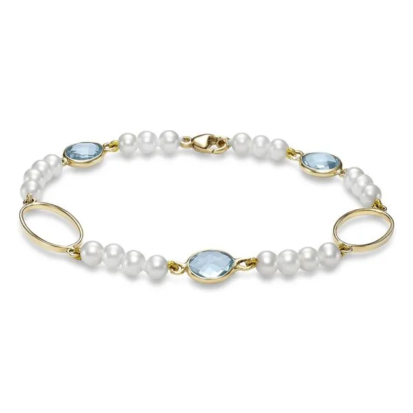 4-4.5MM Freshwater Pearl and Aquamarine Link Bracelet in Yellow Gold Image 2 Jeffrey Mann Fine Jewelers, Inc Toledo, OH