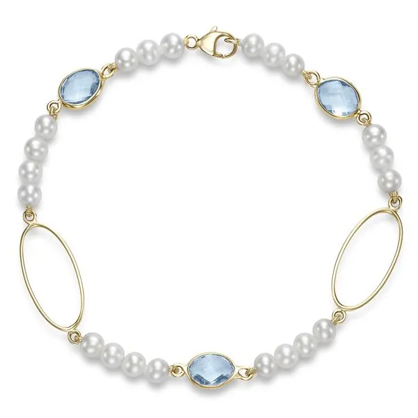4-4.5MM Freshwater Pearl and Aquamarine Link Bracelet in Yellow Gold Jeffrey Mann Fine Jewelers, Inc Toledo, OH