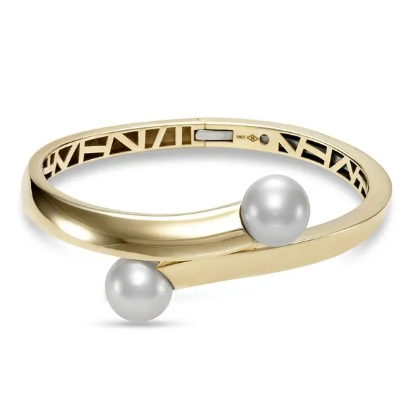 Two-Pearl Bypass Yellow Gold Hinged Bangle Bracelet Image 2 Jeffrey Mann Fine Jewelers, Inc Toledo, OH