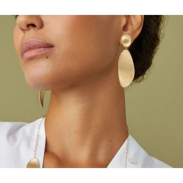 Lunaria Collection Yellow Gold Hand Etched Satin Finish Dangle Earrings Image 4 Jeffrey Mann Fine Jewelers, Inc Toledo, OH