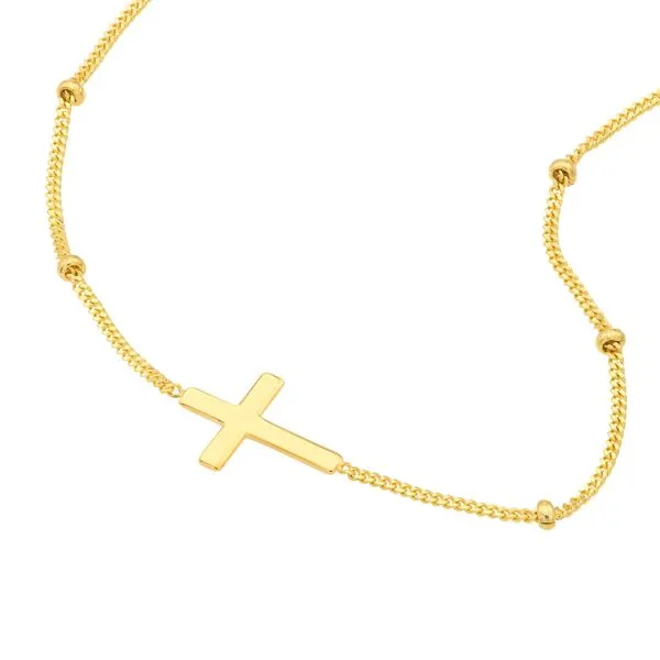 Yellow Gold Adjustable Beaded Necklace with Cross Image 3 Jeffrey Mann Fine Jewelers, Inc Toledo, OH