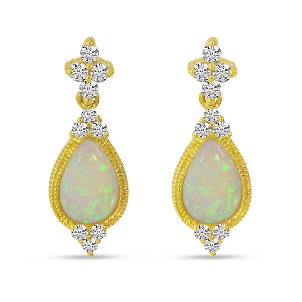 14K Yellow Gold Opal & Diamond October Birthstone Earrings JF Jones Jewelers Webster, NY