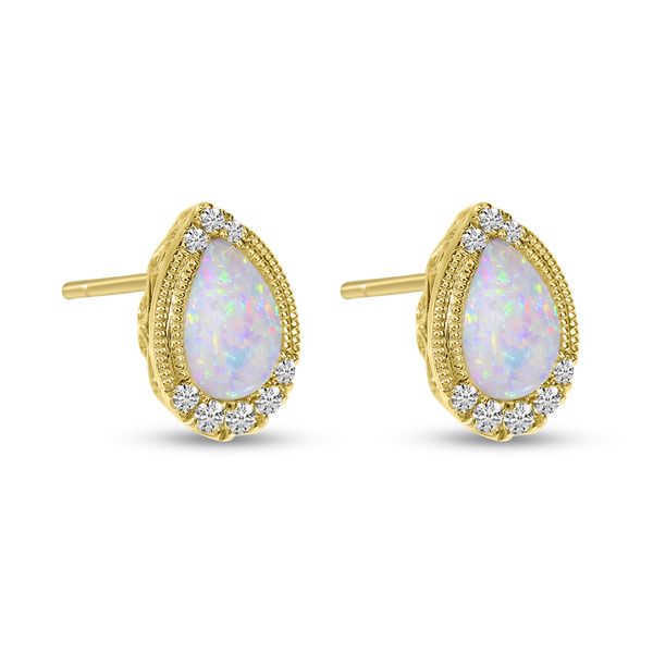 14K Yellow Gold Opal & Diamond October Birthstone Earrings Image 2 JF Jones Jewelers Webster, NY