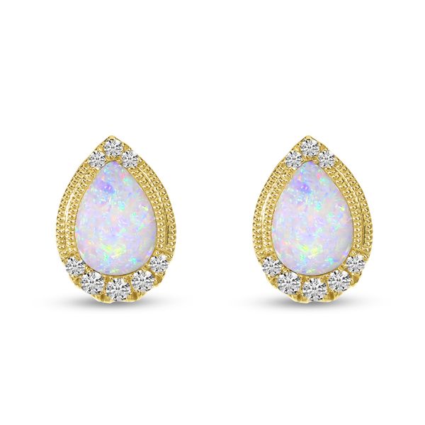 14K Yellow Gold Opal & Diamond October Birthstone Earrings JF Jones Jewelers Webster, NY