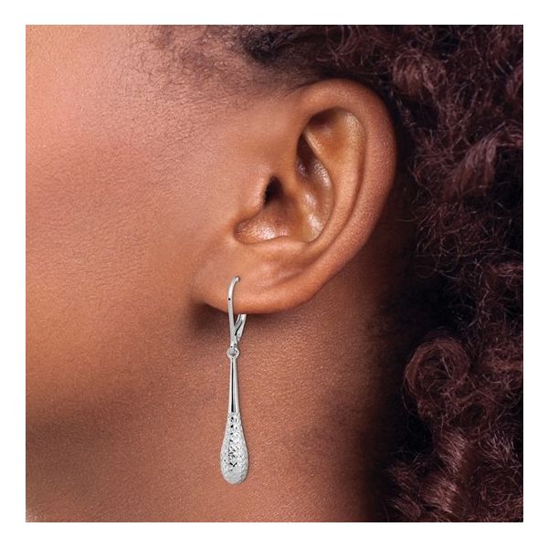 14K White Gold Diamond Cut Drop Leverback Earring Image 3 JF Jones Jewelers Rochester, NY