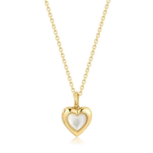 Gold Plated Mother of Pearl Heart Locket Necklace JF Jones Jewelers Rochester, NY