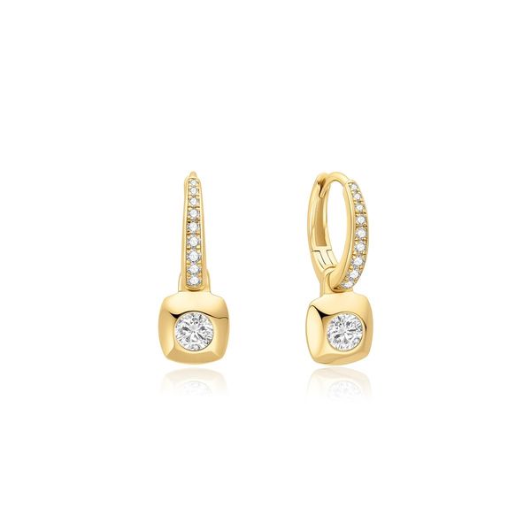 Gold Plated Bezel Set Huggie Hoop Earrings JF Jones Jewelers Rochester, NY