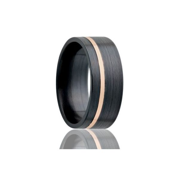 Zirconium 8mm Flat With 14K Rose Gold Inlay Satin Mens Wedding Band JF Jones Jewelers Rochester, NY