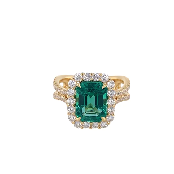 18Kt Yellow Gold Emerald Cut Natural Emerald Halo Ring Jim Kryshak Jewelers Wausau, WI