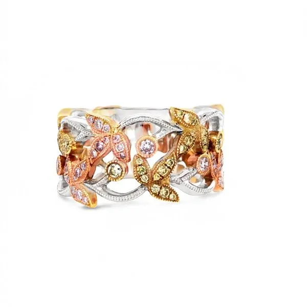 14Kt Yellow Gold Tricolor Leaves Diamond Fashion Ring