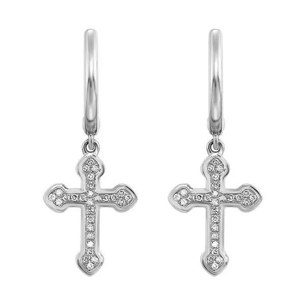 14K White Gold Diamond Cross Dangle Hoop Earrings JMR Jewelers Cooper City, FL