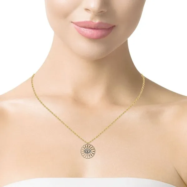 14K Yellow Gold Diamond and Blue Sapphire Bezel Eye Circle Pendant Image 2 JMR Jewelers Cooper City, FL